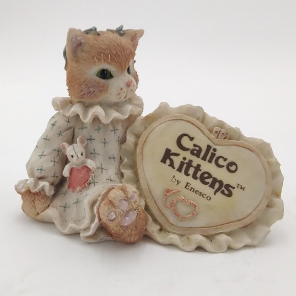 Calico Kittens Cat Figurine Ruffled Heart Plaque 1992 Enesco Orange Tabby Feline - Picture 2 of 9